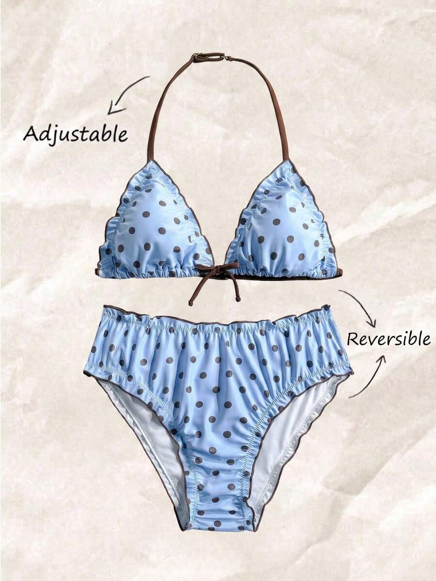 SHEIN Girlism Ensemble de maillot de bain bikini deux pièces tankini pour filles et adolescentes, nouveau style décontracté d'été pour vacances, bordure à volants, imprimé à pois bicolore, décoration de nœud, ensemble de vacances à la plage, vacances d'été, ensemble de vacances à la plage - Bleu ciel - Voir 1