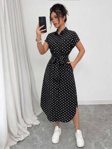 SHEIN Raffinéa 女款休閒度假旅行豹紋前扣鈕扣腰帶蝴蝶結口袋側開衩 2025 夏季新款短袖長洋裝 - 黑色 - 查看 5