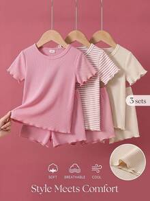 SHEIN 3套6件組女嬰可愛粉色/米色/白色羅紋條紋短袖T恤上衣短褲套裝，柔軟薄款夏季陽光沙灘玩樂時尚款 - 彩色 - 查看 10