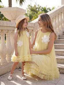 SHEIN Glamorique Kids 女童夏季綠色無袖碎花洋裝，甜美可愛風格，優雅且 - 黃色 - 查看 4