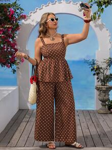 Vivid Eden Spring Summer Vacation Solid Color Woven Tank Top Loose Long Pants Plus Size 2 Pieces Set Boho Brown Beach - Brown - View 3