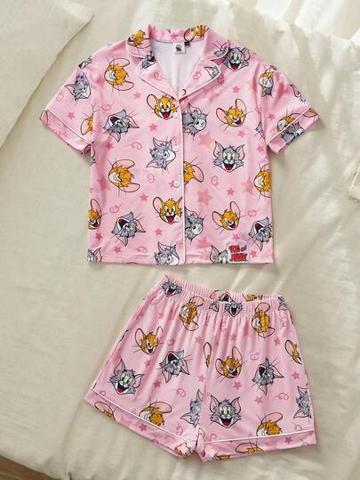 TOM & JERRY X SHEIN Bộ đồ ngủ nữ mặc nhà thường ngày áo ngắn tay và quần short in họa tiết hoạt hình