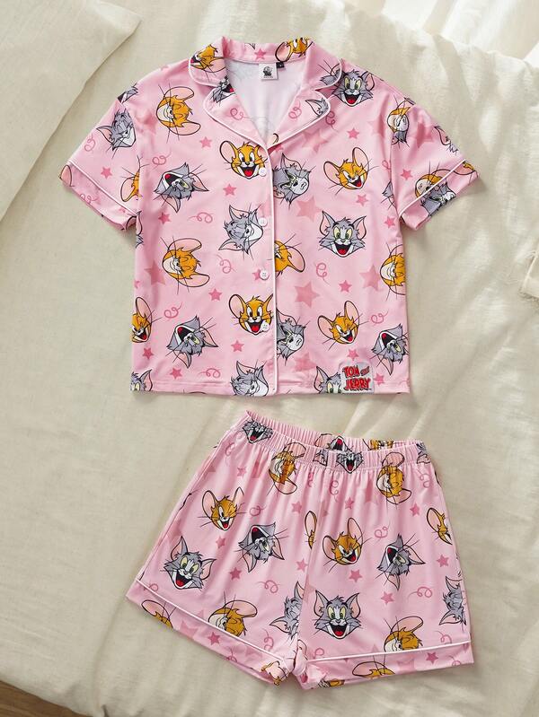 TOM & JERRY X SHEIN Bộ đồ ngủ nữ mặc nhà thường ngày áo ngắn tay và quần short in họa tiết hoạt hình