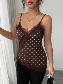 Rafferiza Women's Elegant Polka Dot Lace Patchwork Camisole - Coffee Brown - View 3