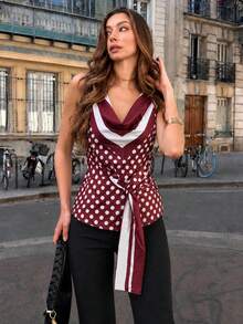 SHEIN PariChic 女款圓點腰部綁帶休閒百搭日常出遊上衣 - 鏽棕色 - 查看 3