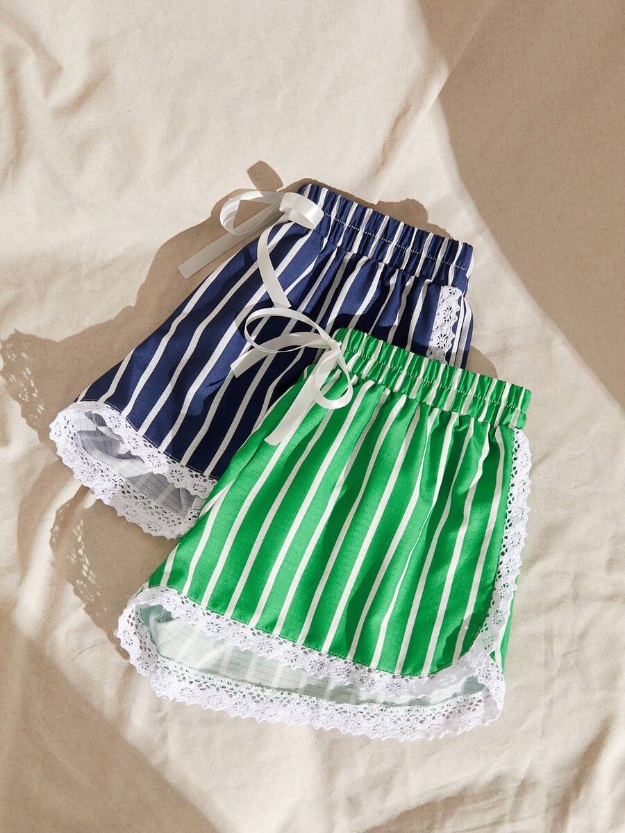 Lullawish 2 piezas Pantalones cortos bohemios a rayas de color contrastante - Multicolor - Ver 1
