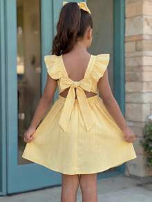 Emery Rose Kids Emery Rose Kids 女童黃色條紋夏季荷葉袖洋裝，背部蝴蝶結細節，鏤空腰部設計，可愛條紋分層太陽裙，飄逸袖與繫帶背部，適合休閒穿著，青少年女童黃白條紋短洋裝，荷葉肩與迷人背部蝴蝶結，黃色春季洋裝，青少年女童夏季復古洋裝 - 黃色 - 查看 6