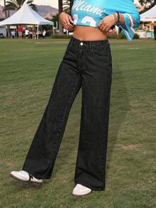 SHEIN PETITE CURVE Plus Size Casual Washed Wide Leg Jeans Back-To-School Graduation Dark Wash Summer - Black - View 4