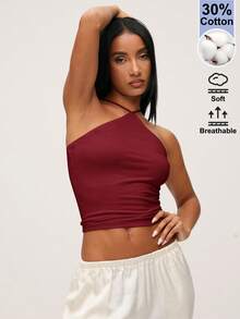 SHEIN BASICS 女款素色掛脖百褶修身百搭日常外出上衣 - 酒紅色 - 查看 5