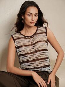 Anewsta Hollow Out Eyelet Contrast Color Knit Vest - Multicolor - View 7