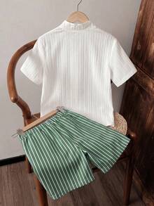 SHEIN 3pcs/Set Boys' White Shirt With Lace Pattern & Contrast Color, Loose White Pants With Pattern & Contrast Color, And Ribbon - Green - View 3