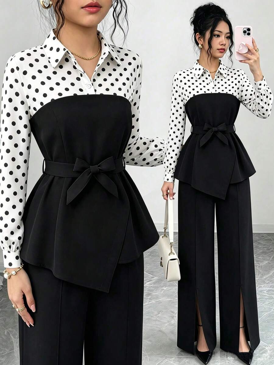 SHEIN 青少年女孩休閒拼色拼接兩件套套裝,秋冬基本日常風格 - 黑與白 - 查看 1