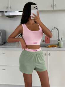ZzzCrew Vibrant Contrast Color Elastic Soft Ribbed Texture Camisole And Shorts Pajama Set For Women - Multicolor - View 6