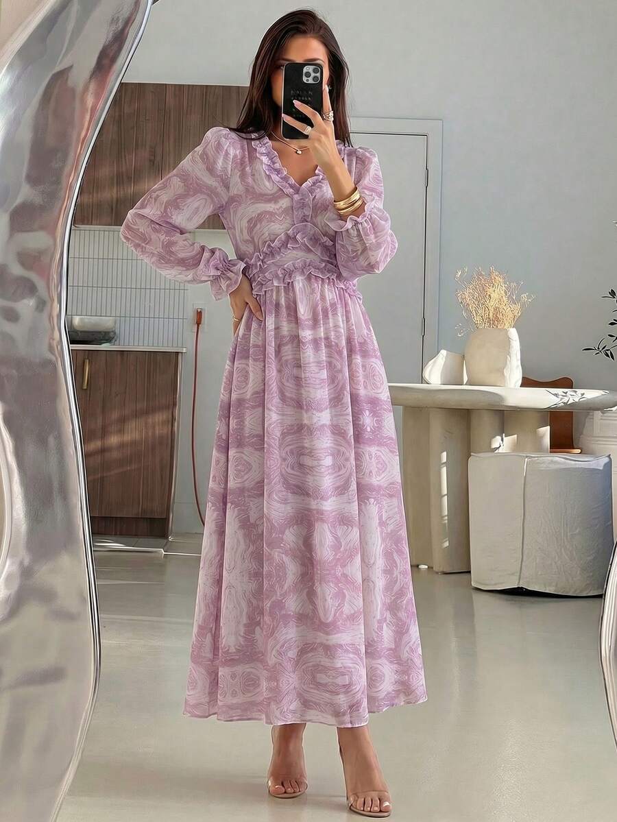 Mulvari 女款流暢印花荷葉邊裙擺長洋裝 女士長版晚禮服 - 紫色 - 查看 1