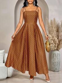 SHEIN Lady Women's Retro Geometric Print Suspender Dress Holiday Outfits For Women Summer Dresses Beach Casual Brown Skirt - Ginger - View 3