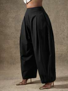 Vixey High Waist Pleated Detail Barrel Leg Office Pants - Black - View 5