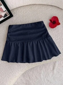Tween Girl Tween Girls Navy Blue Knit Casual Vacation Home Versatile Hollow Texture Ruched A-Line Low Waist Mini Skirt, Suitable For All Seasons - Navy Blue - View 3
