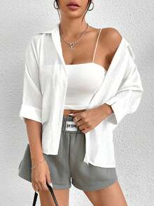 SHEIN PETITE 春季白色纯色蝙蝠袖白衬衫、七分袖上衣 - 白色 - 查看 2