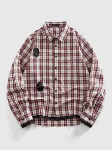 ROMWE MEN Street Life Camisa casual versátil de uso diario para hombre, a cuadros, con efecto desgastado y de un solo pecho - Burdeos - Ver 1