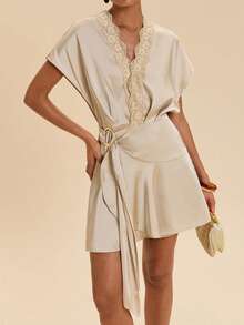 Travachic Women's Lace Patchwork Pleated Casual Romantic Elegant Date Brunch Party Mini Dress Champagne Summer - Coffee Brown - View 4