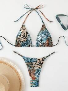 Swim Vcay 2 件套女士豹纹和斑马纹露背系带性感比基尼套装适合海滩度假 2025 年夏季 - 彩色 - 查看 4