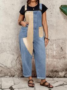 EMERY ROSE EMERY ROSE Plus Size Women's Colorblock Pocket Design Casual Denim Overalls - Light Wash - View 3