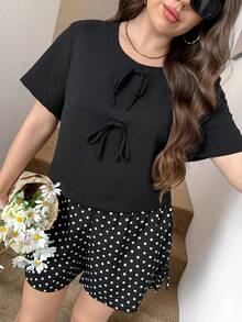 SHEIN LUNE 大尺碼女款格紋印花開學穿搭 前綁帶襯衫商務休閒女裝 曲線版型短褲 2件套返校服 秋季女裝 老錢風女款 - 黑色 - 查看 4