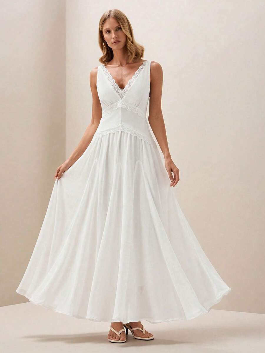 Briarwyn Women's Solid Color Minimalist Casual Lace Sleeveless Dress - White - View 1