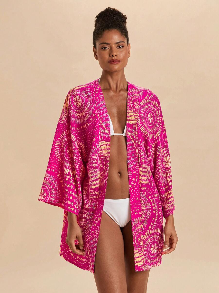 Travachic Women's All-Over Print Casual Tropical Vacation Beach Cover-Up Long Robe Swimwear Pastel Rainbow Summer - Multicolor - View 1