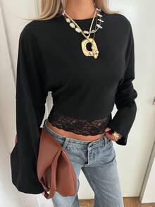 SHEIN EZwear 女款純色圓領長袖蕾絲下擺上衣 - 黑色 - 查看 5