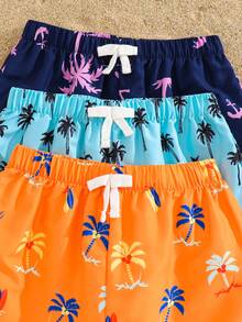 SHEIN 3pcs Kids Tween Boy Casual Sports Versatile Comfortable Coconut Tree Multi-Color Combination Print Pattern Loose Woven Swim Shorts Beach Shorts Multi-Pack 3 Styles 1 Each 3-Piece Set Suitable For Commuting School Daily Casual Vacation Travel Sports Spring Summer - Multicolor - View 5