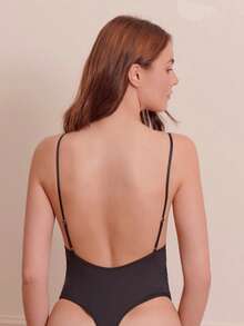 lacRébo Black Lace Bodysuit - V Neckline With Sheer Lace Panel And Spaghetti Straps - Black - View 3
