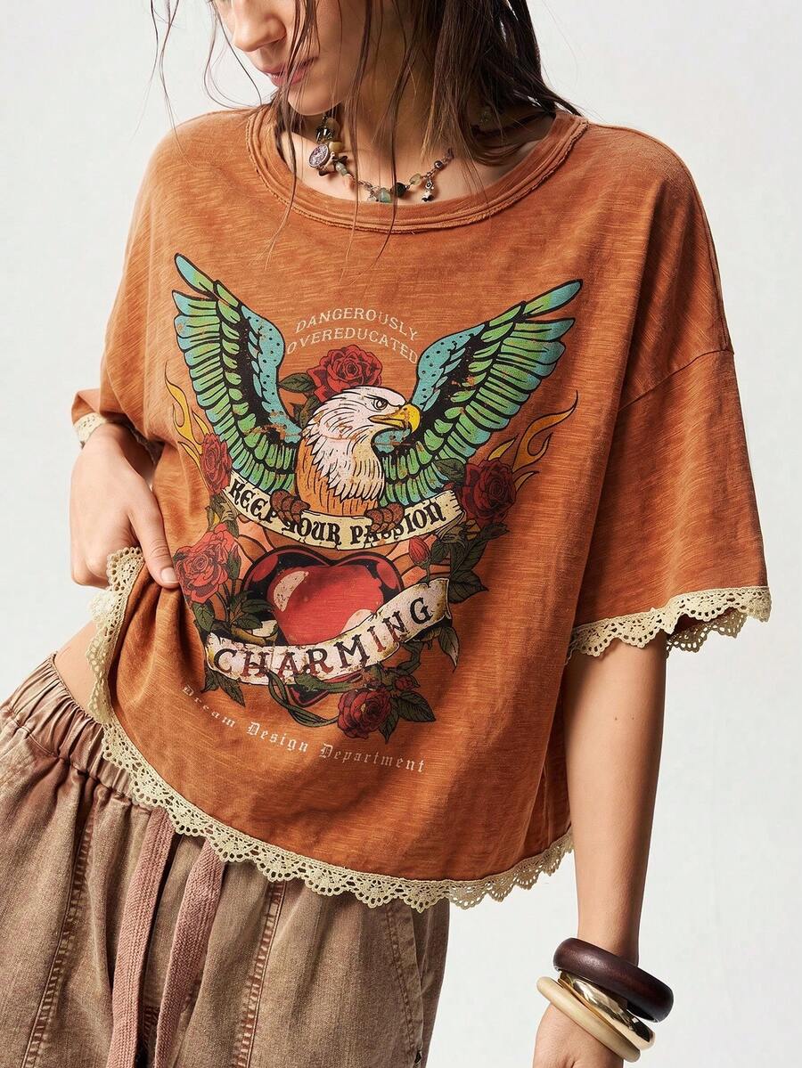 Bohemela Casual Solid Color Knit Round Neck Short Sleeve Loose Washed Women's T-Shirt - Orange - View 1