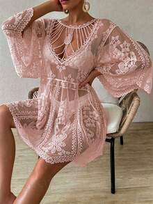 Swim Vcay 女款夏季度假鏤空花朵刺繡罩衫洋裝 - 粉色 - 查看 7