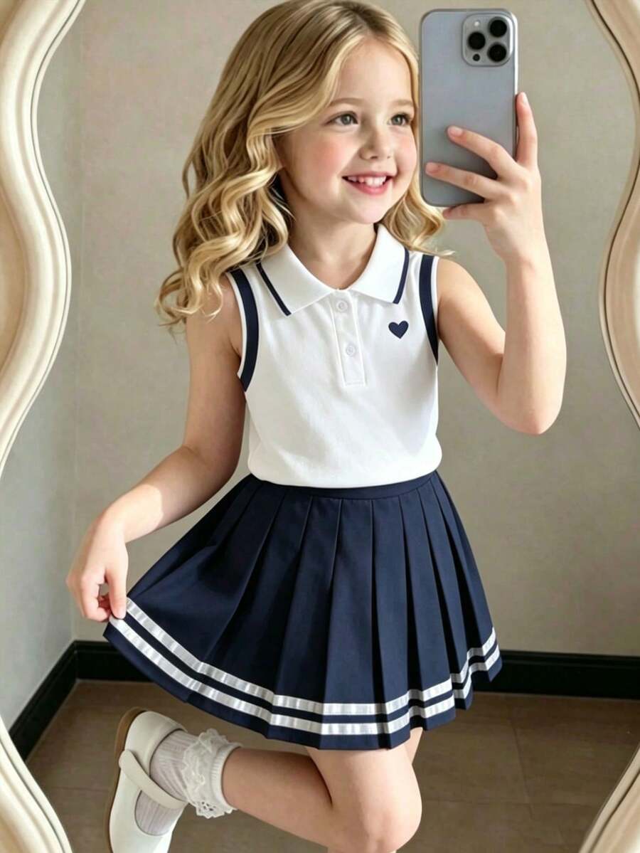 SHEIN Elladie kids 2 件套少女校园风心形印花翻领无袖上衣和蝴蝶结饰边百褶裙,适合夏季返校季 - 彩色 - 查看 1