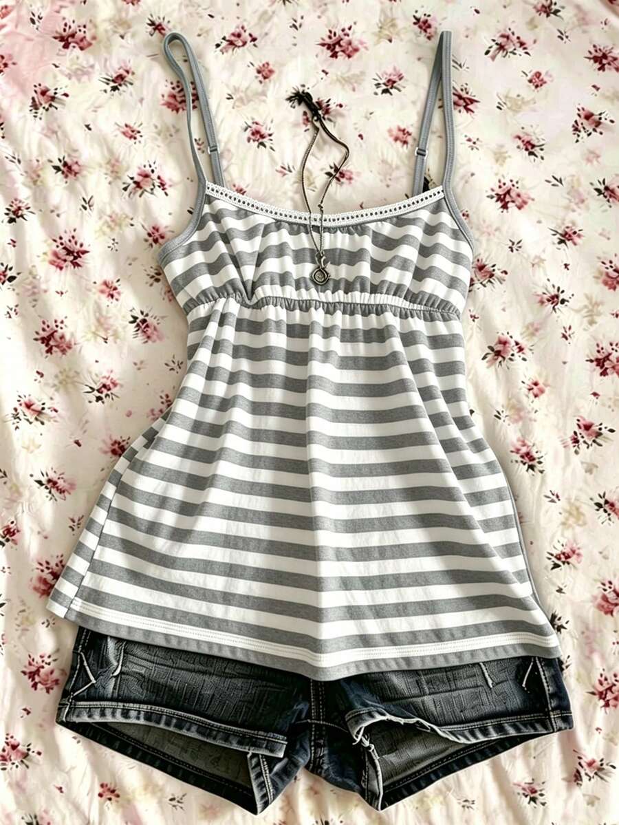 SHEIN 夏季休闲复古Y2K条纹女式吊带背心 - 彩色 - 查看 1