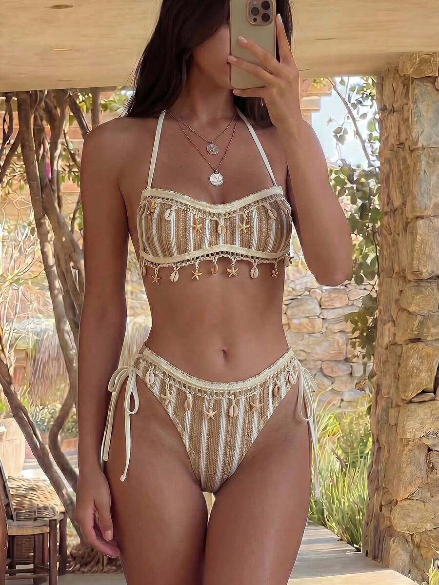 Swim Mod New Women's Beach Pool Party Vacation Fashion Sexy Casual Apricot White Lace Trim Shell & Starfish Pendant Striped Bandeau Strapless Bikini Set - Multicolor - View 1
