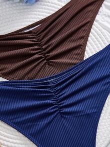 SHEIN Women's Solid Color Ruched Triangle Bikini Bottoms 2pcs Set, Suitable For Summer Vacation Beach - Multicolor - View 4