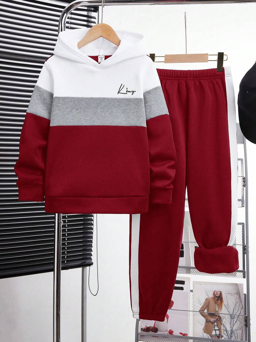 SHEIN Setelan Anak Laki-Laki Remaja Musim Gugur dan Musim Dingin, Hoodie dan Celana Olahraga 2 Potong, Sweatshirt dan Celana Olahraga Warna Blok, Cocok untuk Sekolah, Santai Sehari-hari, Kuliah, dan Olahraga - Burgundy - View 1