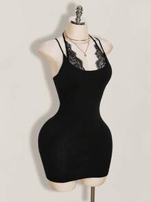 SHEIN ICON Women's Summer Sexy Lace Patchwork Backless Halter Neck Fitted Mini Dress - Black - View 7