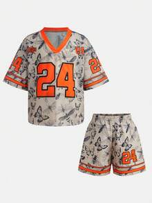 Conjunto de Ropa Deportiva de Jersey con Bola Suave y Fresca para Niña Joven, Versátil para Salidas, Vacaciones, Ropa de Calle, Adecuado para Cualquier Ocasión, Conjunto Combinado para Hermanas, Conjunto Combinado para Padres e Hijos, Conjunto Lindo para Niña - Naranja - Ver 9