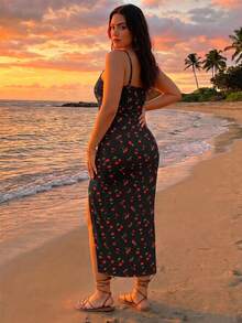 Veykashi Women's Plus Size Cherry Print Lace-Up Split Dress - Multicolor - View 2