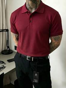 JOLTRO 男士素色短袖休閒通勤 Polo 衫 - 酒紅色 - 查看 3