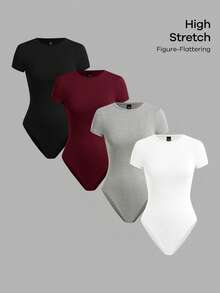 SHEIN BASICS 4件套女士休闲纯色短袖修身连体衣，夏季日常通勤百搭 - 彩色 - 查看 7