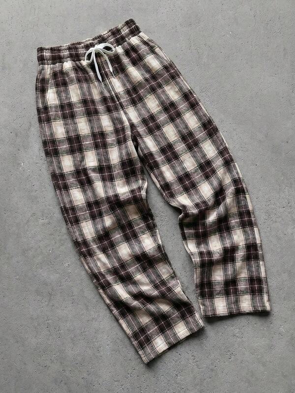 Manfinity VCAY Men's Woven Pocket Plaid Loose Drawstring Waist Casual Pants , Vintage , Vacation, Father's Day Gifts, Football