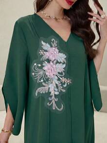 Yasmyna Colorblock Patchwork Luxurious 3D Embroidered Applique V-Neck Long Sleeve Turkish Tunic - Dark Green - View 4