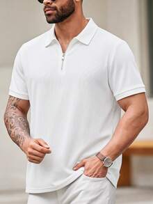 EASEVO 男士大尺碼拉鍊半開襟短袖極簡主義 Polo 衫，度假、父親節禮物 - 白色 - 查看 1