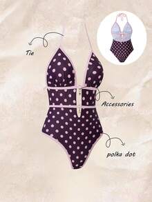 Swim Mod Mature Young Girl Style Navy Polka Dot Print Halter Neck Deep V Cutout Star Detail Back Tie One Piece Swimsuit, Summer Vacation Beach Tropical Travel - Red Violet - View 4
