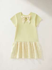 Maija Kids Maija Kids 1件兒童少女休閒舒適百搭圓領蝴蝶結裝飾休閒黃色短袖拼接洋裝，適合日常穿著、返校、旅行、派對、節日派對、春季、夏季 - 黃色 - 查看 2