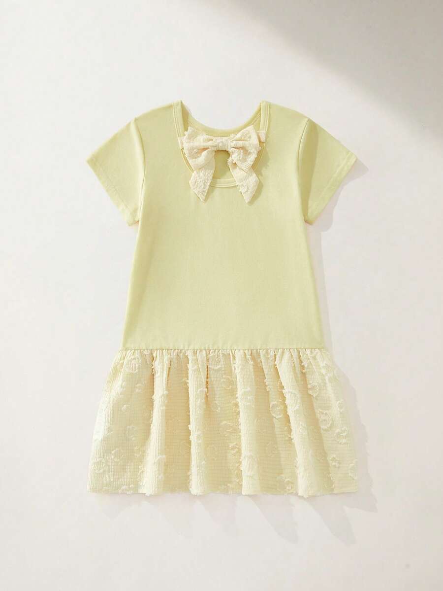 Maija Kids Maija Kids 1件兒童少女休閒舒適百搭圓領蝴蝶結裝飾休閒黃色短袖拼接洋裝,適合日常穿著、返校、旅行、派對、節日派對、春季、夏季 - 黃色 - 查看 1